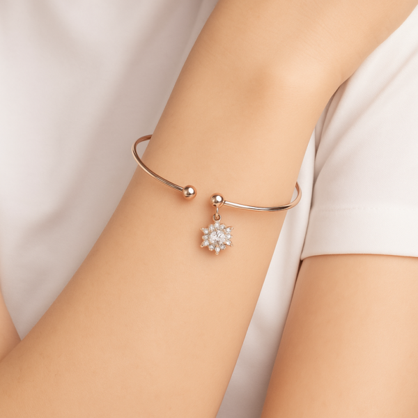 Sterling Golden Flower Bracelet with Premium Stones – Korean Luxury Bangle for Women