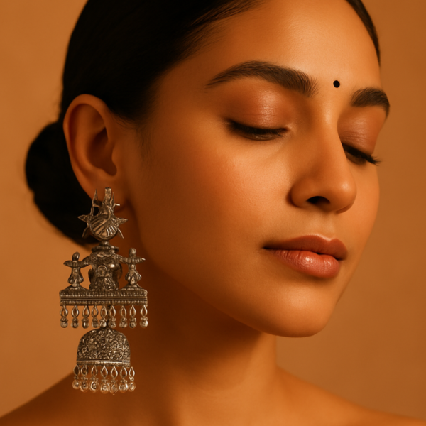 Oxidised Silver Jhumki Earrings - Image 2